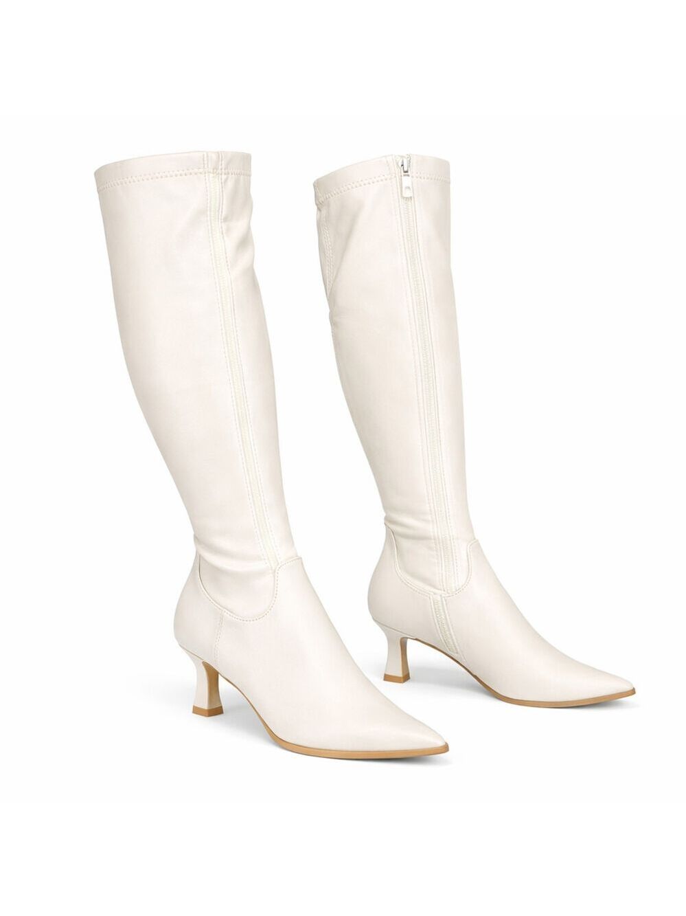 NIB Kitty 2 White Stretch Matte Knee Boots 2.5" Kitten Heels Wide Calf Friendly